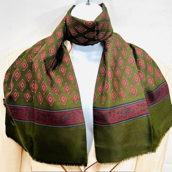 Unused FAIRFAX  Collection All Silk satin  Scarf 44"x11" Olive Burgen Fring (47) - Picture 1 of 9